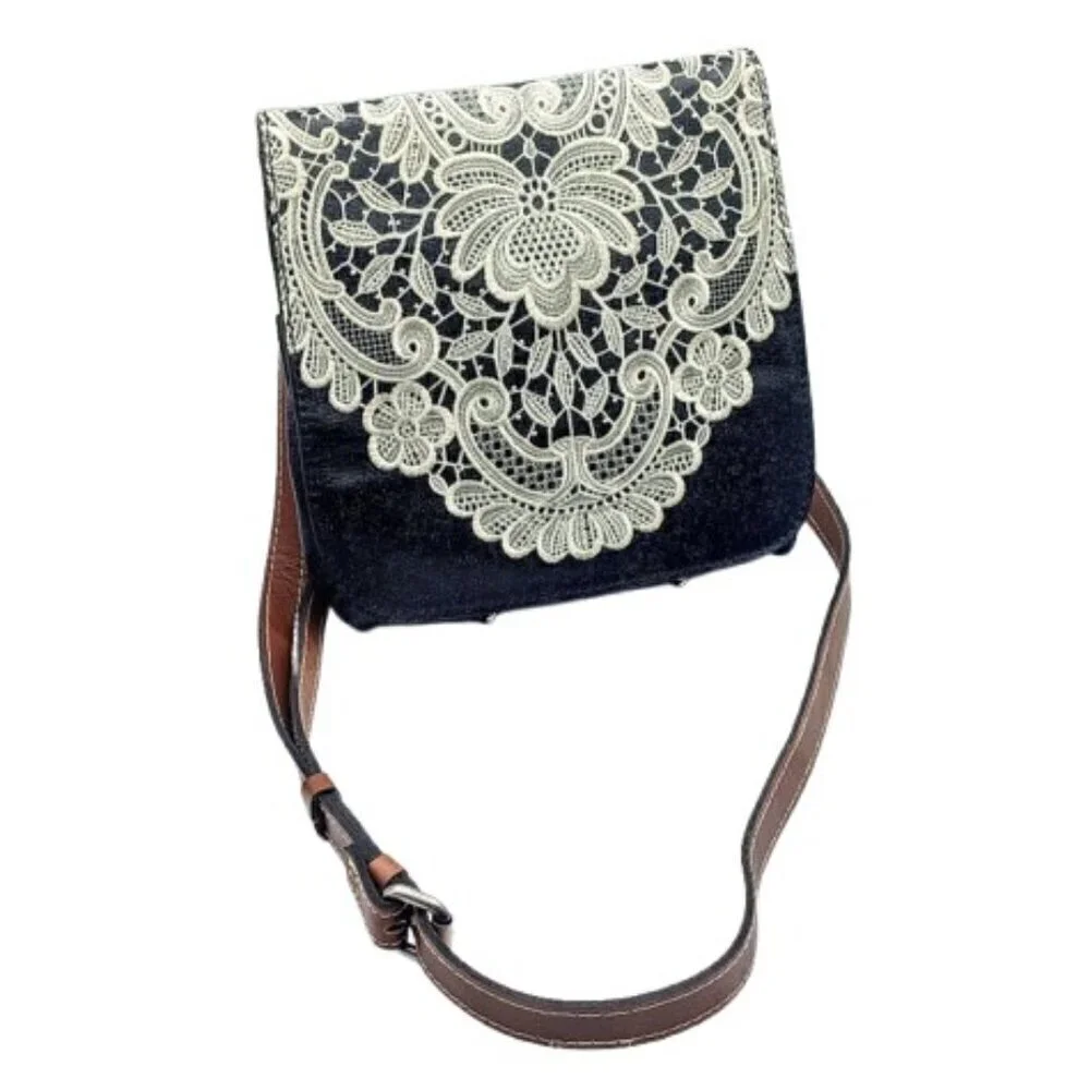 Patricia Nash Toscano Navy Blue Ivory Embroidered Leather Bag